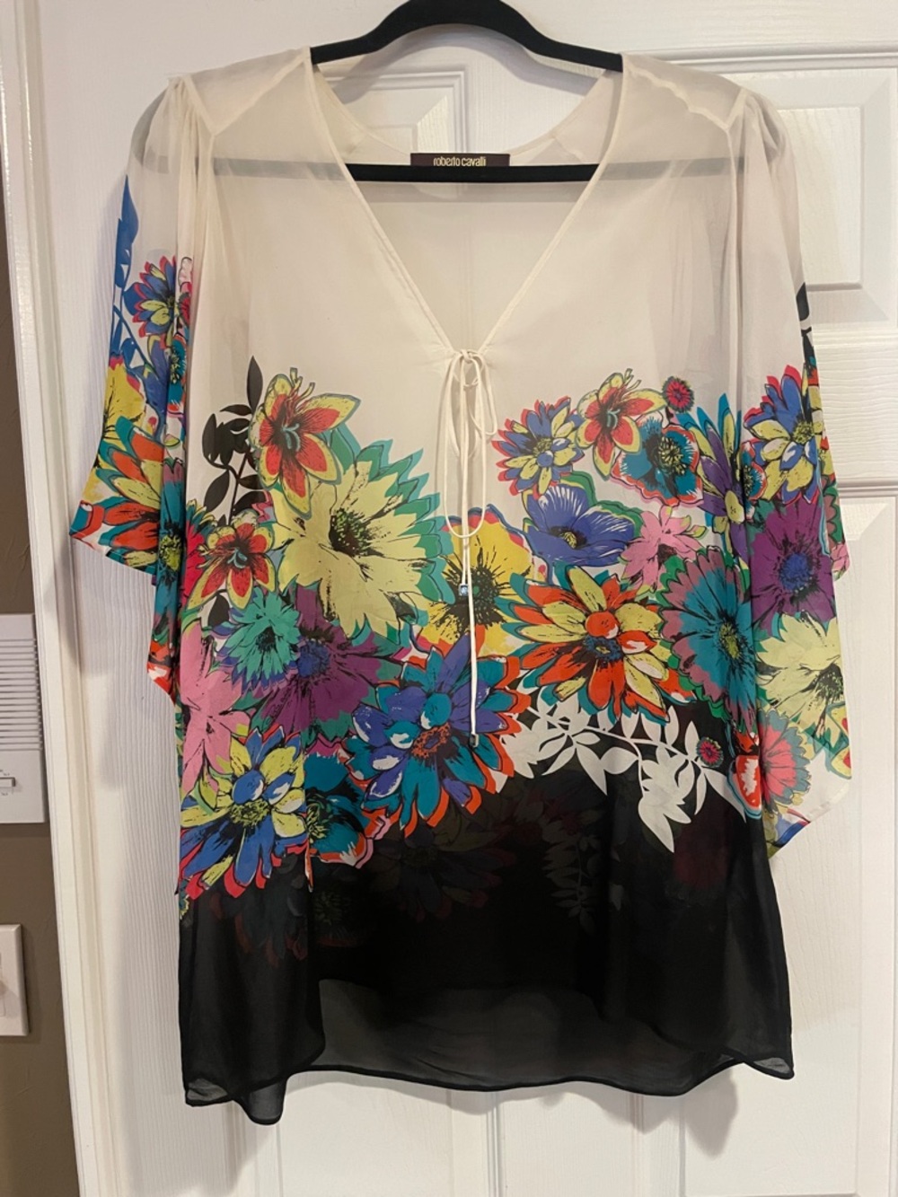 Roberto Cavalli Multicolor Floral Sheer V-Neck Tunic 100% Silk